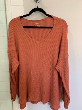 AMERICAN EAGLE Long Sleeve V-Neck Shirt Size XL Orange Fall
